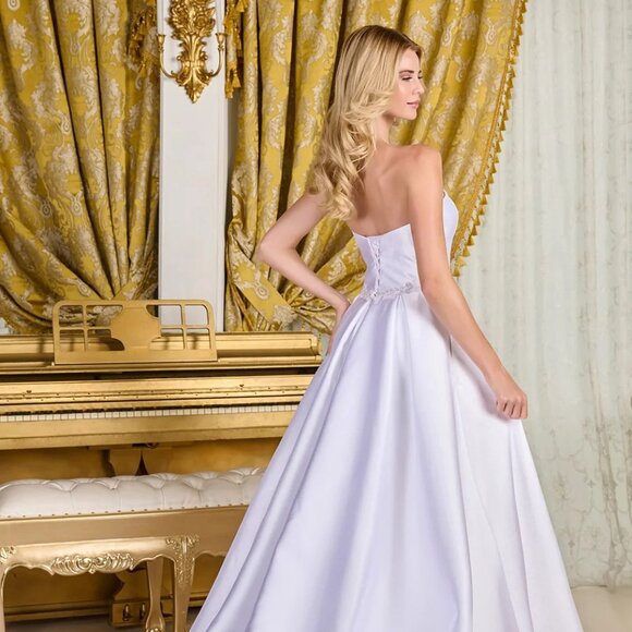 New Strapless A-Line Wedding Gown w/ Straight Across Neck & Beaded Waist GL3718 - Picture 10 of 14